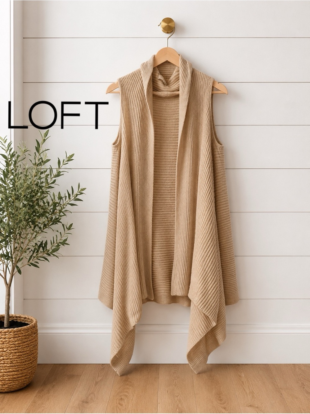 🩶 OFT Ribbed Open Front Drape Vest Cardigan OS Beige/Tan Sleeveless NWOT